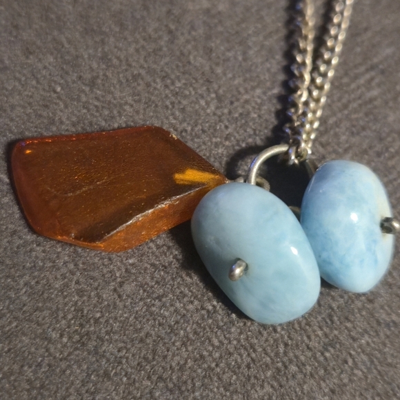 Sterling Silver Larimar & Raw Amber Pendant Necklace, Italian 925 Chain - Picture 6 of 6